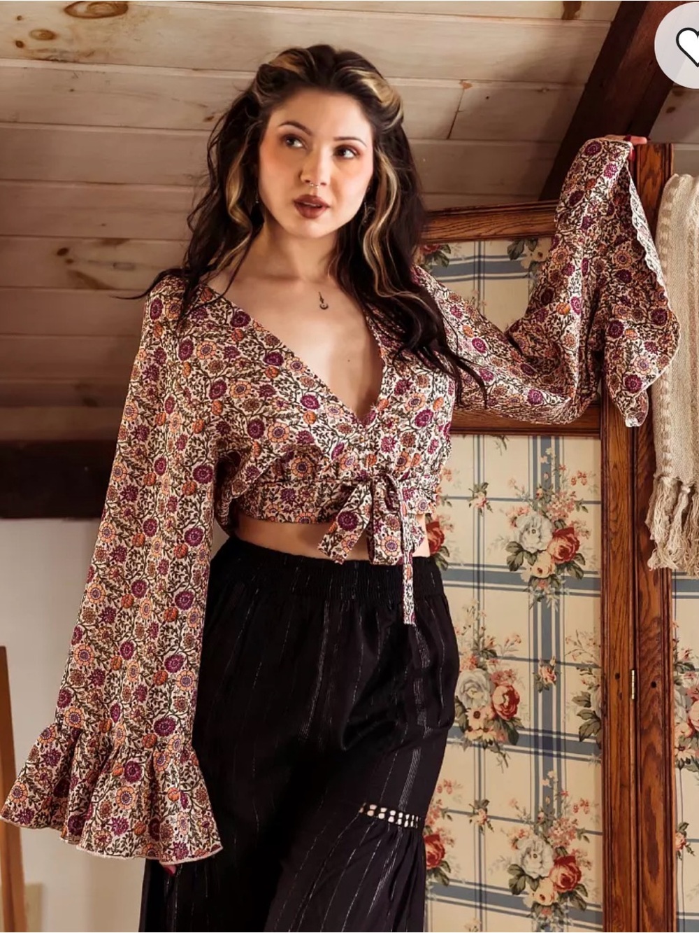 Gimmicks Floral Bell Sleeve Tie-Front Crop Top
